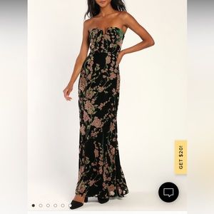 Bloom In Mind Emerald Floral Print Velvet Strapless Maxi Dress